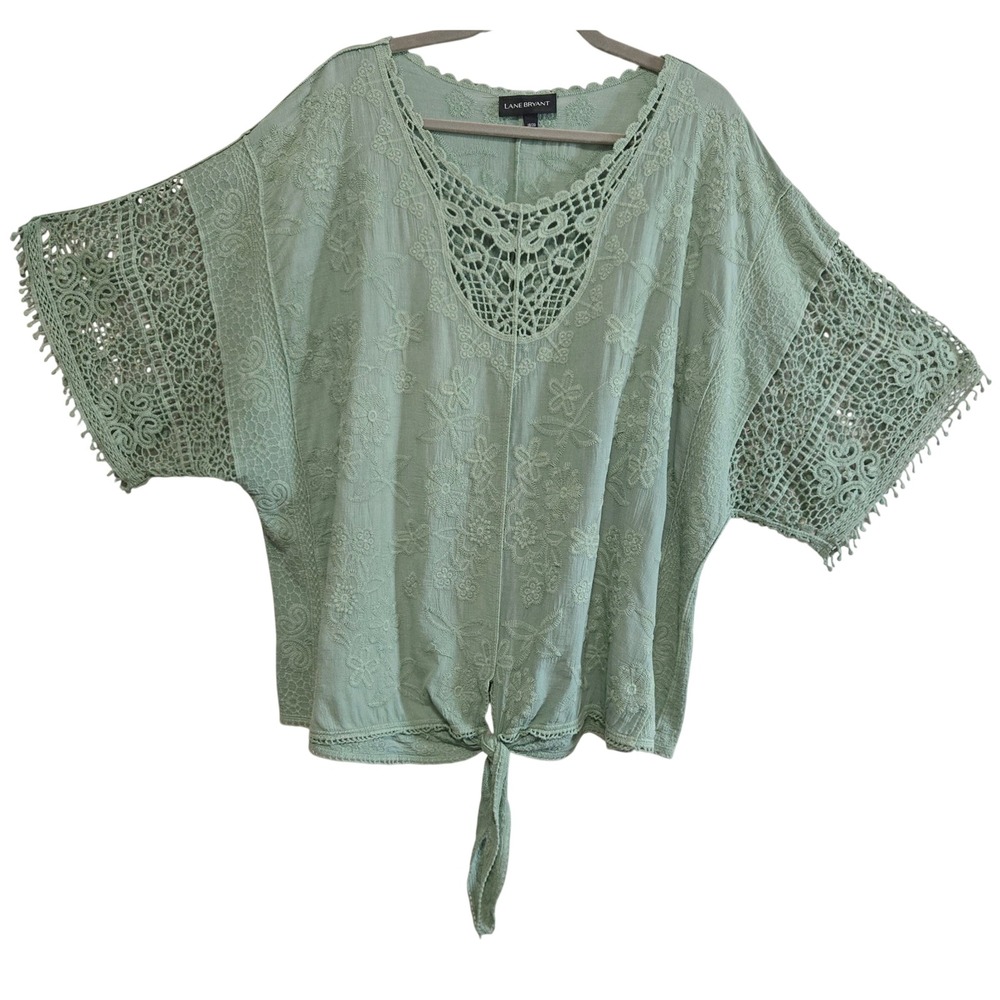 Lane Bryant Boho Cotton Green Embroidered Crochet Lace Tie Front Boho Top 18/20